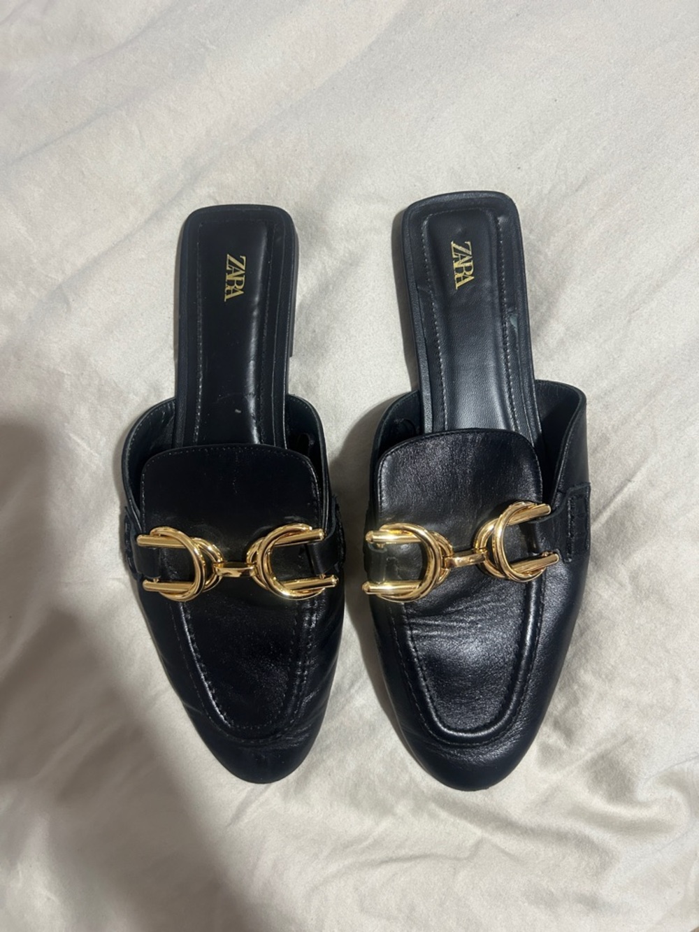 Zara Black Leather Mules with Gold Buckle Detail